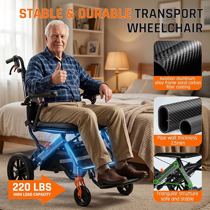 SOFTFISH Transport Wheelchair with Telescopic Rod, Wheelchairs for Adults with Foldable Footrest and Armrests, Narrow Wheelchair for Tight Spaces, Wheel Chair for Adults Seniors, Travel, Outing