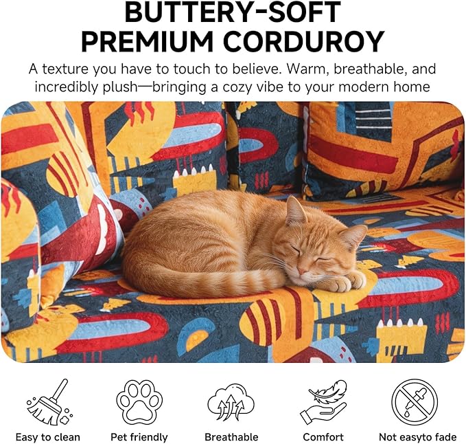 79" Convertible Boneless Couch for Small Spaces, 6-in-1 Corduroy Sofa Bed with High Backrest, Pillows, High-Density Foam Loveseat Sleeper Couch in a Box for Living Room, No Assembly, Graffiti B