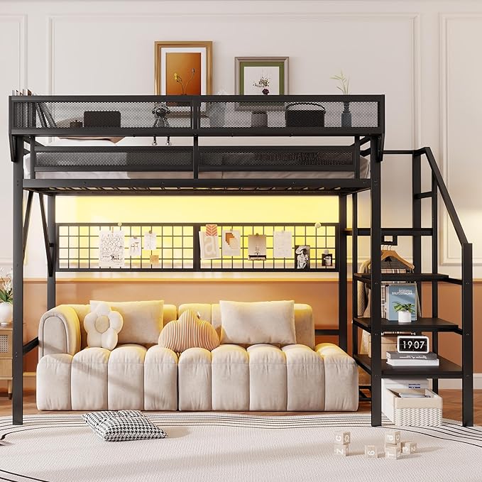 KEIKI Queen Size Metal Loft Bed Frame with Grid & Staircase & Built-in Storage Shelves & Wardrobe, Loft Bed with Solid Slats & Guardrail, No Box Spring Required, Easy Assembly, for Bedroom, Black