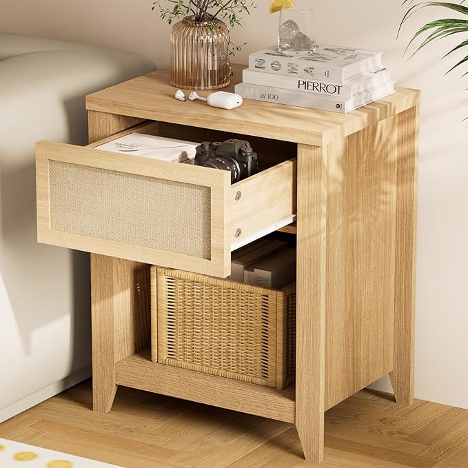 Boho Nightstands Set of 2, Farmhouse Night Stand Bedside Table with Drawer and Storage Shelf Rattan End Tables Side Tables for Bedroom Sofa Couch Office,Small Space, Oak