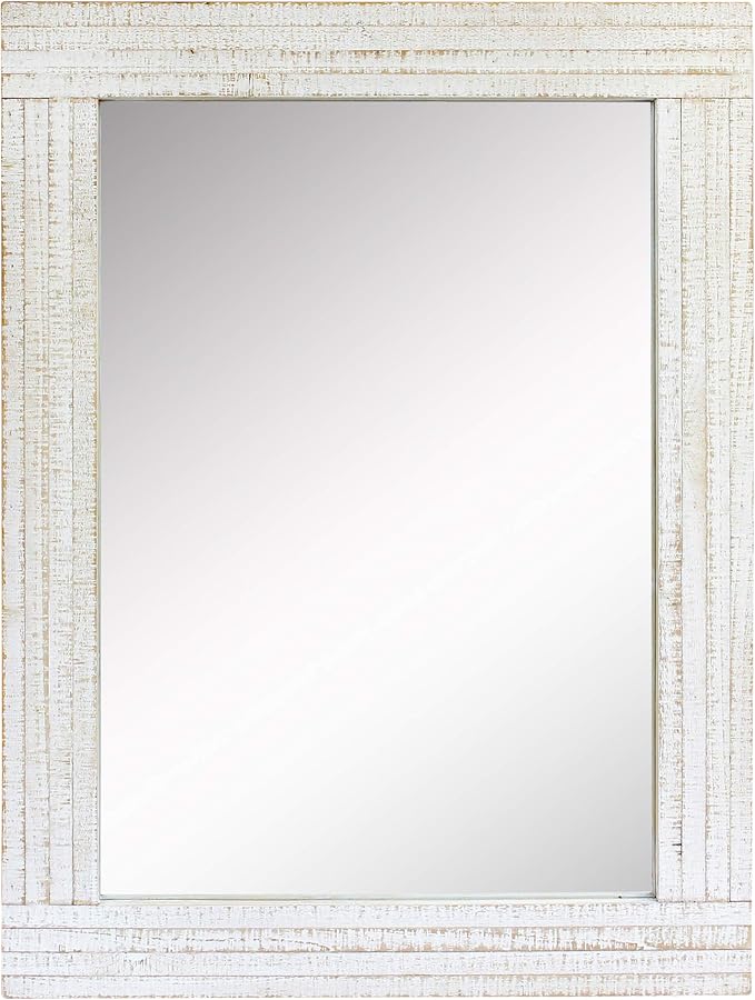 Stonebriar 24" x 18" Rectangle Worn White Wood Frame Wall Mirror with Attached Hanging Brackets, Decorative Country Rustic Decor for the Living Room, Bedroom, Bathroom, Hallway, and Entryway