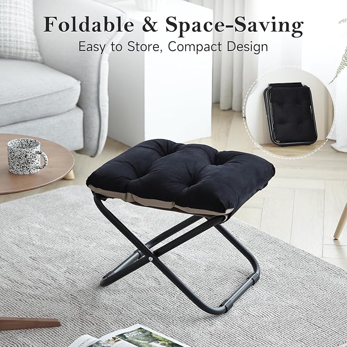 Welnow Folding Foot Stool, Upholstered Small Accent Ottoman with Detachable Thick Cotton Cushion, Padded Sofa Stool with Straight Metal Legs for Lazy Chair, Living Room, Bedroom, Black