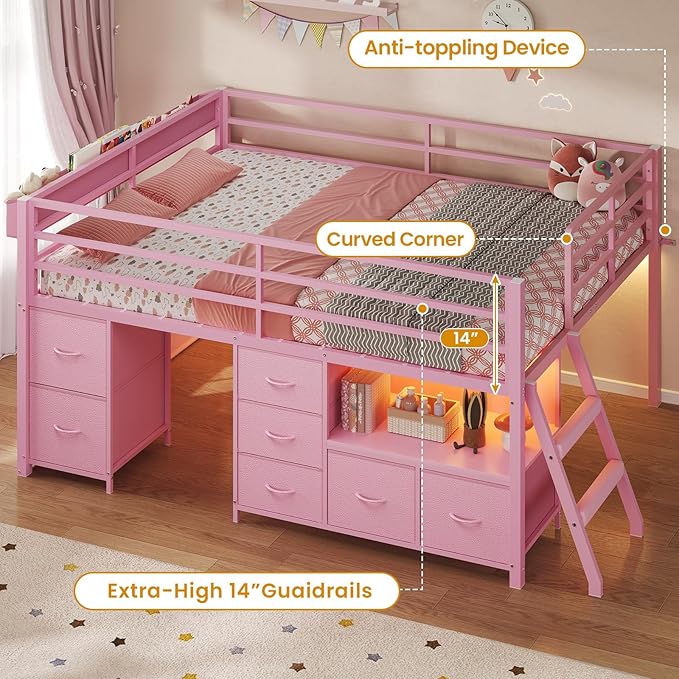 ADORNEVE Low Loft Bed Full Size with 7 Storage Drawers, Bookcase and LED Lights, Metal Kids Loft Bed with 14" H Safety Guardrail,Inclined Ladder and Play Curtain, Under-Bed Play Space, Pink