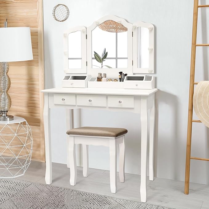 NEDYO Vanity Table, Vintage Vanity Desk with Mirror and Lights, Tri-Fold Mirror Small Makeup Vanity with Chair, Vanity Set for Bedroom and Small Spaces. White