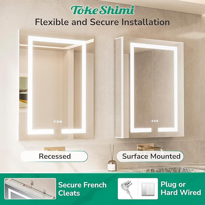 TokeShimi 40x32 Led Medicine Cabinet Mirror for Bathroom with Outlet, Medicine Cabinet with Lights 3 Colors Dimmable and Defogger, Surface or Recessed Mount Mirror with Storage Modern Bathroom