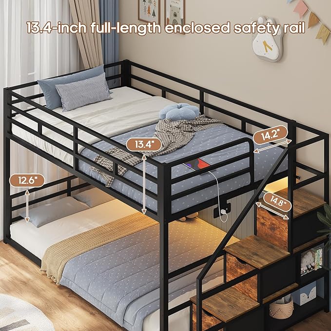 ADORNEVE Low Bunk Bed Twin Over Twin with Storage Staircase, Drawers & Shelves, RGB LED Lights Metal Floor Bunk with Power Outlet, Full-Length Guardrail & Metal Slats, for Small Space, Kids, Black