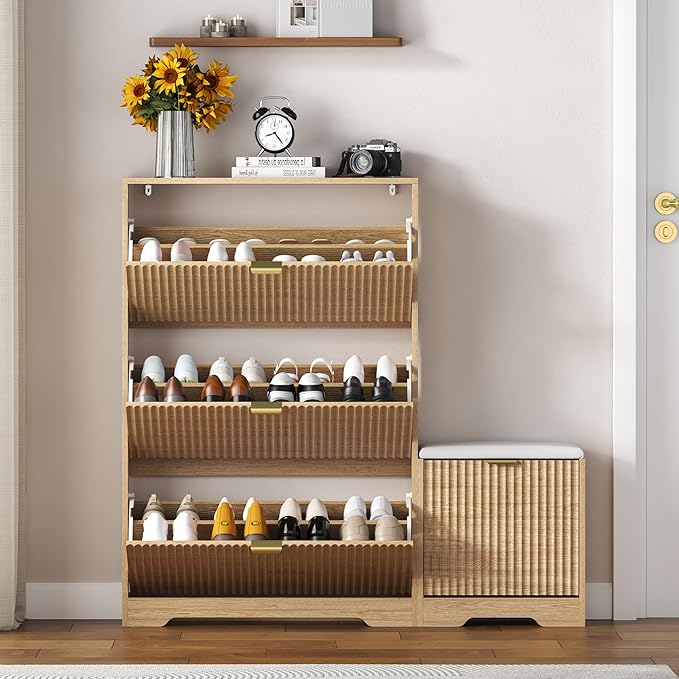 HUANLEGO Shoe Cabinet Storage for Entryway with 4 Flip Drawers, Oak Fluted Shoe Cabinet with Bench, Wooden Hidden Shoe Rack Freestanding Narrow Slim Shoes Storage Organizer for Hallway, Entrance
