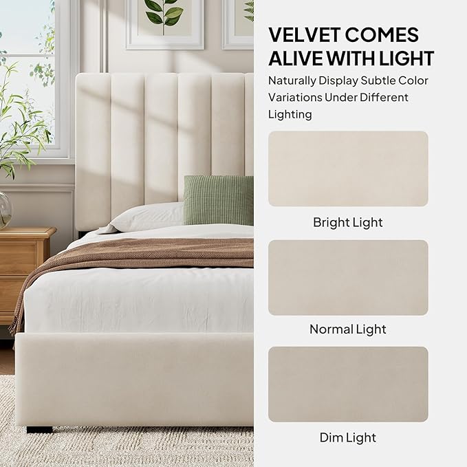 Welzona Twin Size Bed Frame with Headboard, Kids Velvet Upholstered Metal Platform Bed with Vertical Channel Tufted Headboard, 3-Level Height, Metal Slat Support, Noise-Free Easy Assembly, White