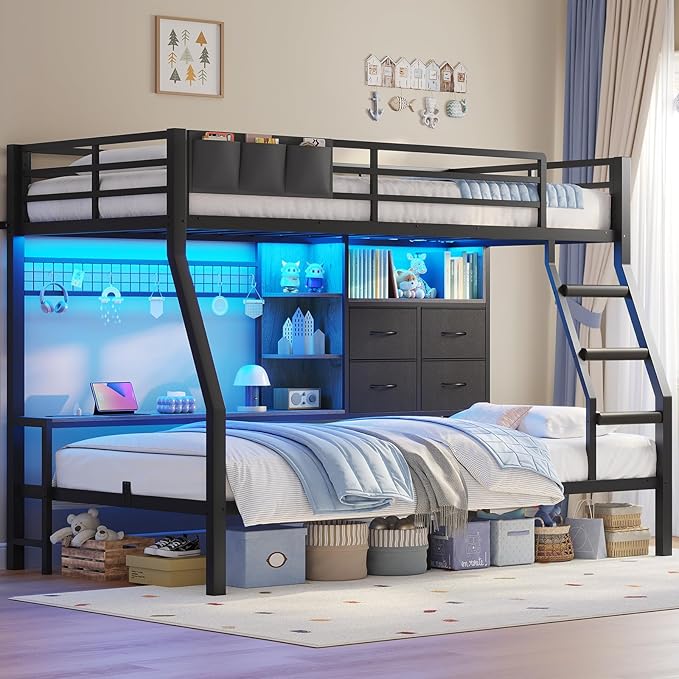 BTHFST Bunk Bed Twin Over Twin with 4 Storage Drawers & Shelves & Bedside Caddy, Twin Bunk Beds with Charging Station & LED Lights, Metal Loft Bed with Safety Guardrail & Angled Ladder, Black & Grey