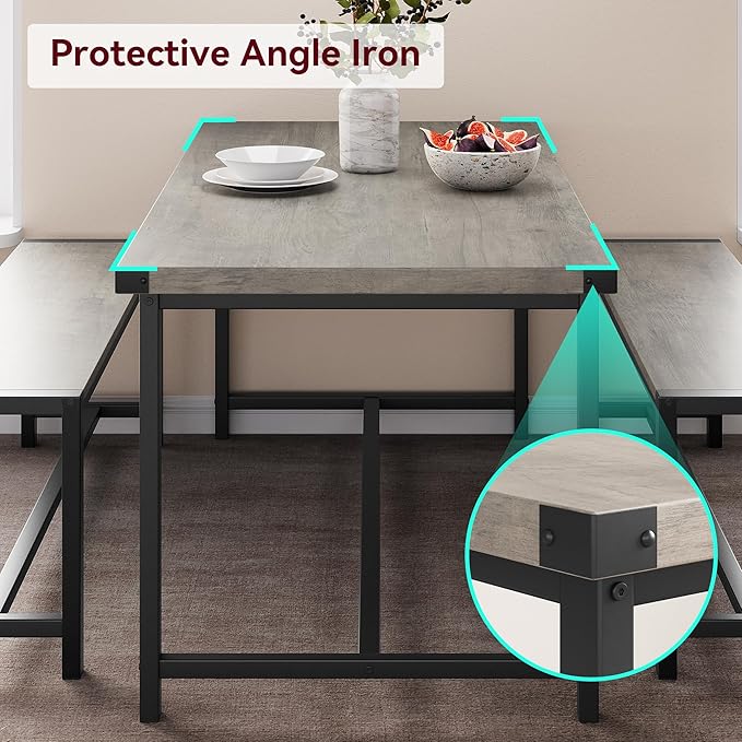 IDEALHOUSE Dining Table Set for 4, Kitchen Table with Benches, Rectangular Dining Room Table Set with 2 Metal Wood Benches, 3 Piece Dining Table Set for Small Space, Apartment, Dinette, Retro Gray
