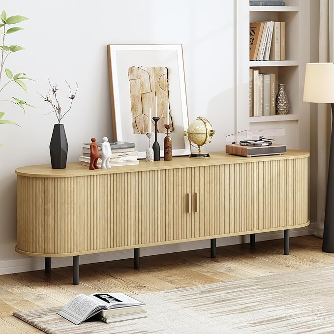 70.8" TV Stand with Power Outlet, Mid-Century Modern Television Stand, Fluted Media Console with Sliding Doors, Entertainment Center for TVs up to 60 Inch, Adjustable Shelves, Oak