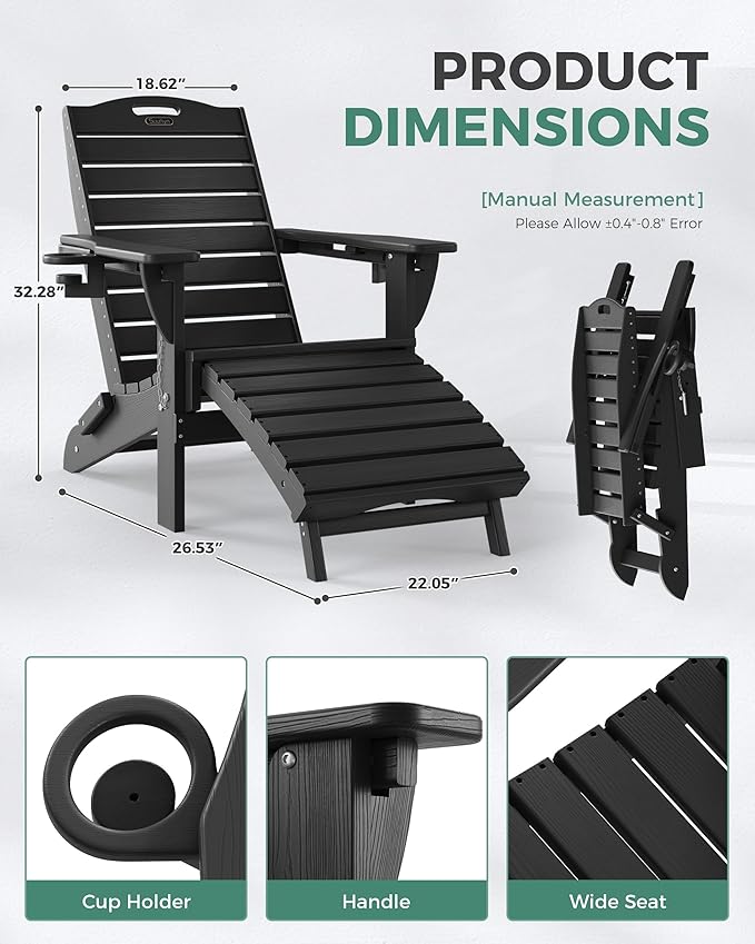 Adjustable Adirondack Chairs Set of 6 with Retractable Ottoman, HDPE Folding Adirondack Chair with Cup Holders, Weather Resistant for Backyard, Poolside & Fire Pit (Black)