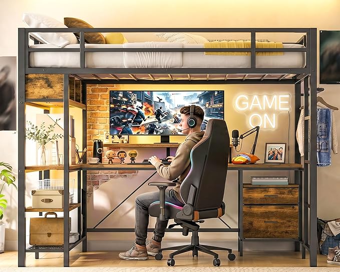 RALGEND Twin Loft Bed with L-Shaped Gaming Desk and Charging Station, Metal Loft Bed Frame with RGB Lights, Storage Drawers and Hanging Rod, Loft Bed for Teen/Adult, Rustic Brown