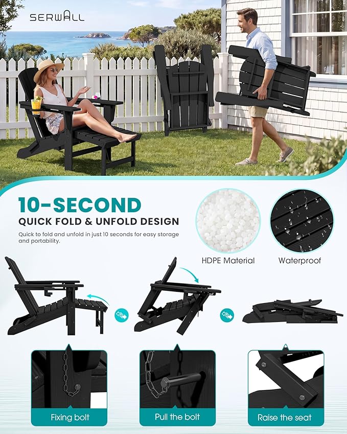 SERWALL Folding Adjustable Adirondack Chair with Footrest, HDPE Outdoor Chair with Dual Cup Holders, All Weather Adirondack Chair with Ottoman, Black