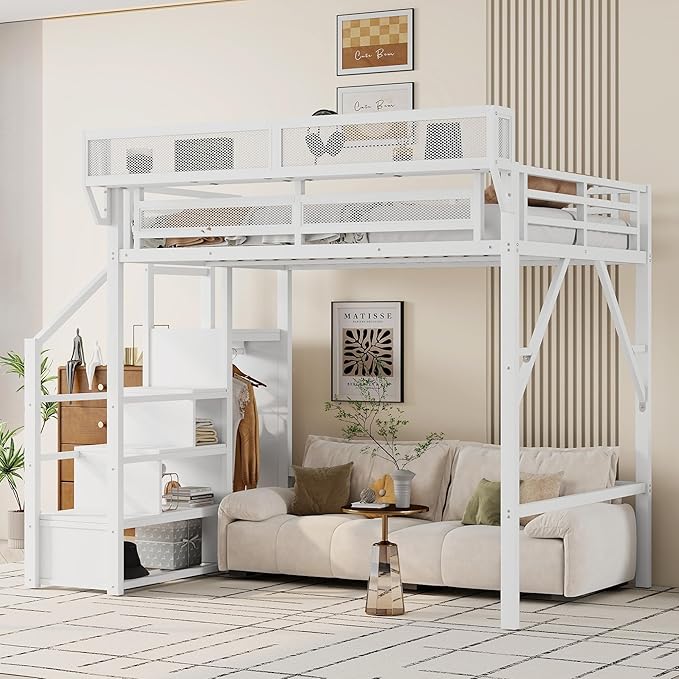 KEIKI Full Size Metal Loft Bed Frame with Convertible Staircase, Built-in Storage Shelves and Wardrobe, Loft Bed with Solid Slats, Guardrail, No Box Spring Required, Easy Assembly, for Bedroom, White