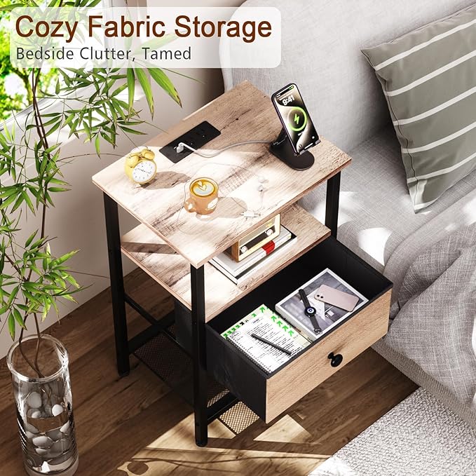 LOAKEKEL Night Stand, Nightstand with Charging Station, Slim Industrial Bedside Table with Fabric Drawer, Small End Table with USB & Type-C Ports for Bedroom, Grey, HETS010GY-1