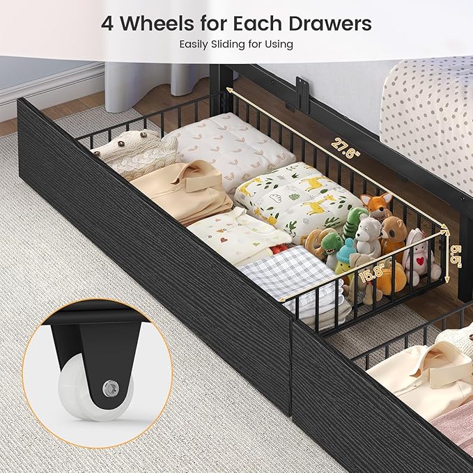 BTHFST Bunk Bed Twin Over Twin with Stairs, LED Lights Twin Bunk Bed with 2 Storage Drawers & 6 Fabric Drawers, Metal Twin Loft Beds with Guardrail & Stairs, Space Saving, Sturdy Frame for Teens