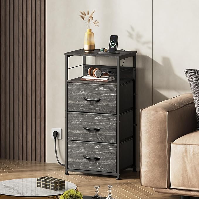 WLIVE Nightstand with Charging Station, 31.9" H Nightstand with 3 Fabric Drawers, LED Bedside Table with USB Ports and Outlets, End Table for Dorm, Bedroom, Entryway, Charcoal Black Wood Grain Print