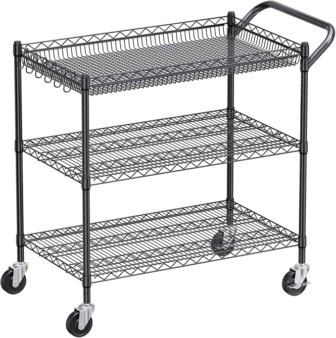 WDT 1350Lbs Capacity Heavy Duty Rolling Utility Cart, NSF Rolling Carts with Wheels,Commercial Grade Metal Cart with Handle Bar & Shelf Liner,Trolley Serving Cart for Restaurant,Kitchen,Black