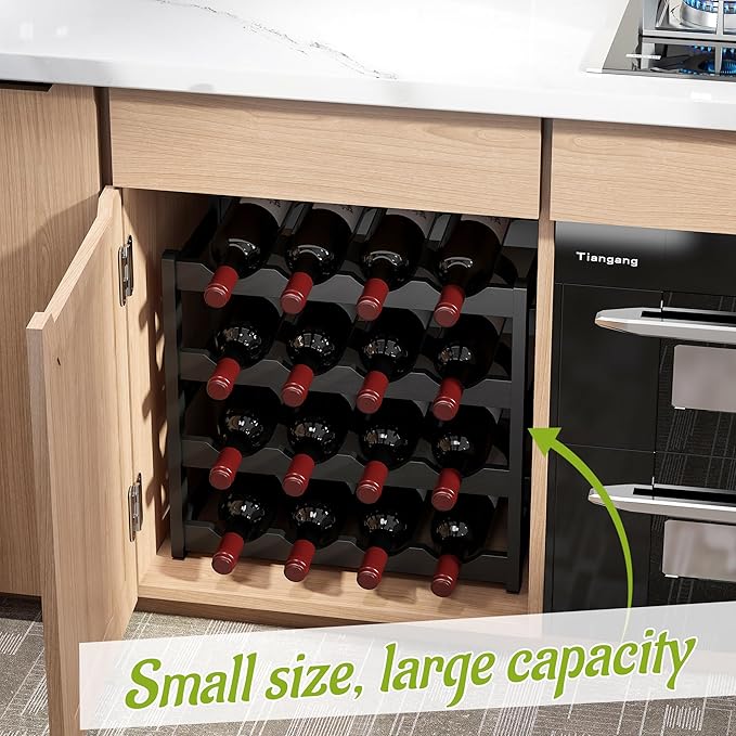 BMOSU Bamboo Wine Rack Wine Storage Cabinet Shelf 16 Bottle Wine Racks Countertop Sturdy for Kitchen Dining Room Pantry - 4 Tiers Wine Rack(Black)