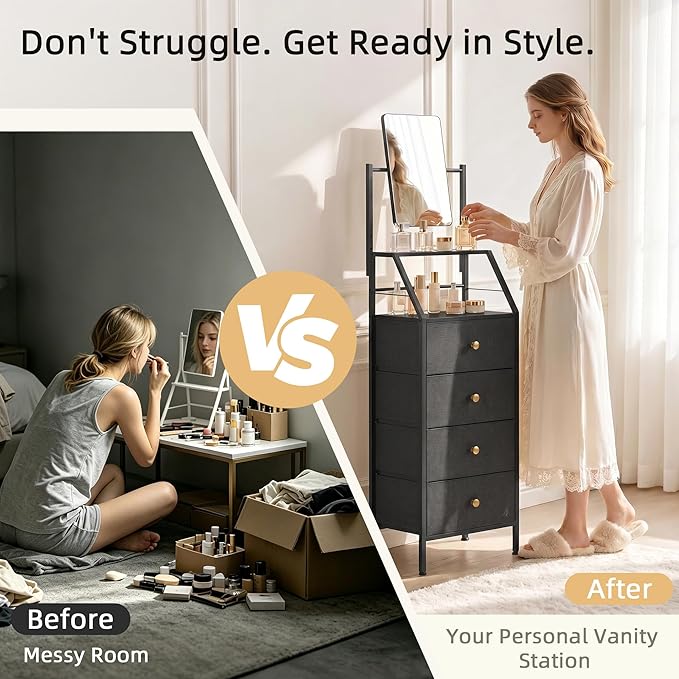 HIGDBFE 4-Drawer Dresser with Mirror, Vanity with 2-Tier Shelves, Fabric Chest of Drawers for Small Space, Vertical Storage Cabinet for Bedroom, Nightstand Bedside Table Furniture, Black, 15.3" W