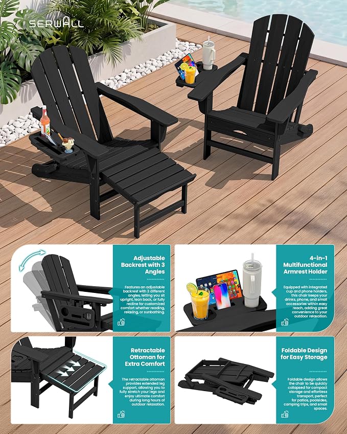 SERWALL Folding Adjustable Adirondack Chairs with Footrest Set of 4, HDPE Outdoor Chair with 4-in-1 Cup Holders, All Weather Adirondack Chair with Ottoman, Black
