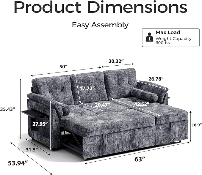 Convertible Sleeper Sofa Bed, 63 Inch Chenille Pull Out Couch with Side Table & Adjustable Backrest, Sectional Sleeper Sofa with Pull Out Bed for Living Room, Apartment, Gray
