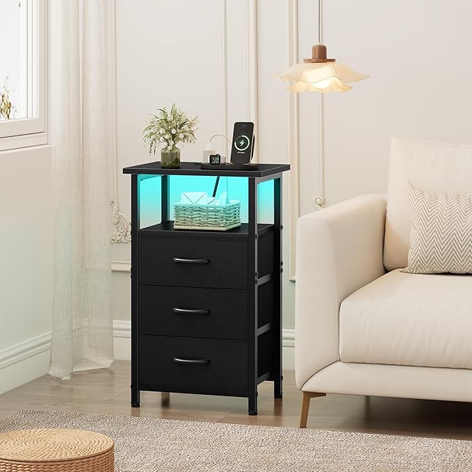 Vagusicc Night Stand with Charging Station, LED Nightstand for Bedroom, Bedside Table with 3 Fabric Drawers, End Table Side Table with USB Ports and Outlets, Bed Side Table for Bedroom, Black