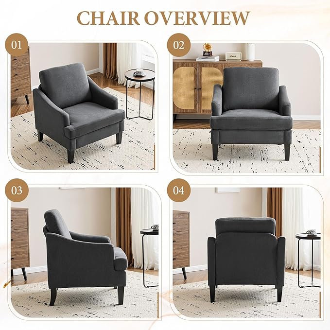 Bezseller Modern Accent Chairs Set of 2, Upholstered Reading Armchair with Wood Legs, Mid-Century Leisure Comfy Single Sofa Chair for Living Room, Bedroom, Home, Office, Dark Grey