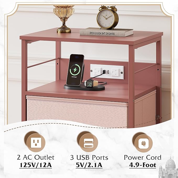 WLIVE Nightstand with Charging Station, 31.9" H Nightstand with 3 Fabric Drawers, LED Bedside Table with USB Ports and Outlets, End Table for Dorm, Bedroom, Entryway, Pink