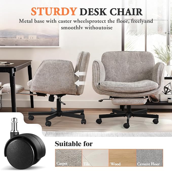 Criss Cross Chair with Footrest & 5 Level Folding Arms Full Relaxation, Wide Cross Legged Office Chair for Home Office, Comfy Swivel Desk Chair with Ottoman, Chenille Vanity Chair (Grey)