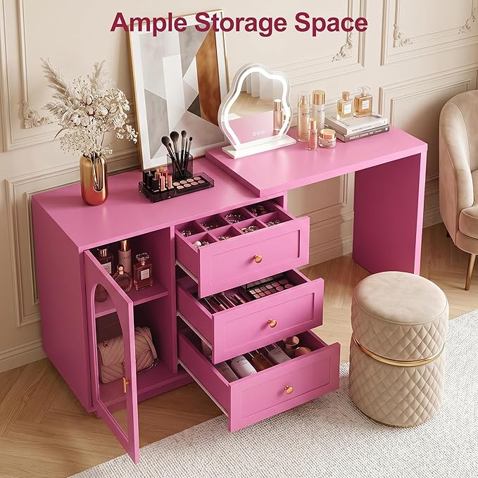 RoyalCraft 59" Makeup Vanity Desk, Pink Vanity Dresser, L Shaped Corner Vanity Table with 3 Drawer & 1 Door, Modern Extendable Dressing Table for Bedroom, Dressing Room, Small Space (Without Mirror)