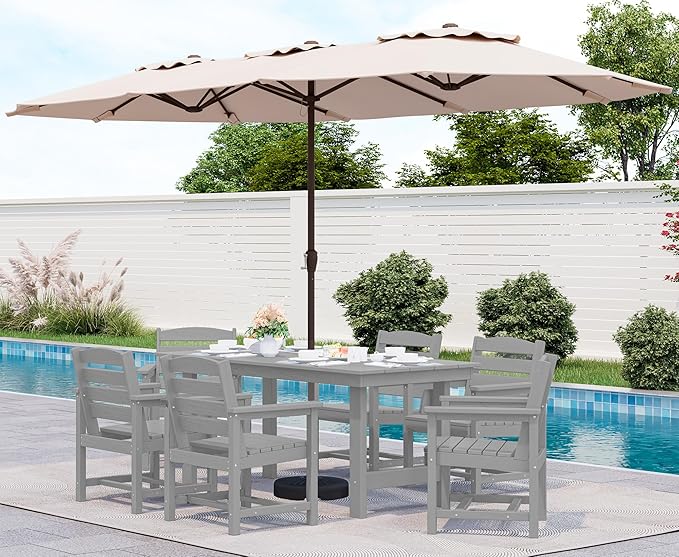 SERWALL 8-Piece Patio Dining Sets with 15FT Double Side Patio Umbrella, Outdoor HDPE Dining Furniture Set with Umbrella Hole Cut-Out Table and 6 Chairs, Light Gray（Umbreall Base not Included）