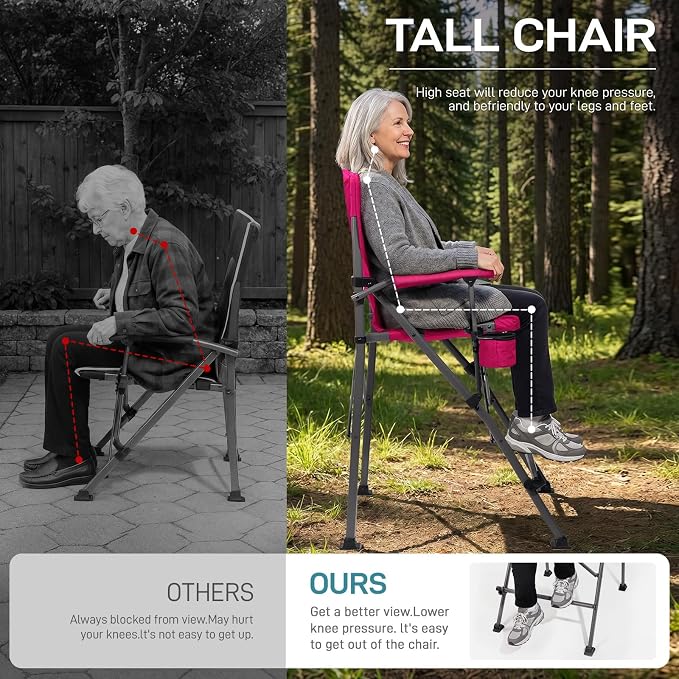 EVER ADVANCED Tall Camping Directors Chair with Cup Holder 31", Bar Height Folding Chair for Camping, Sports with Carry Bag, Mesh Pockets and Footrest, Heavy Duty 300 lbs, Pink