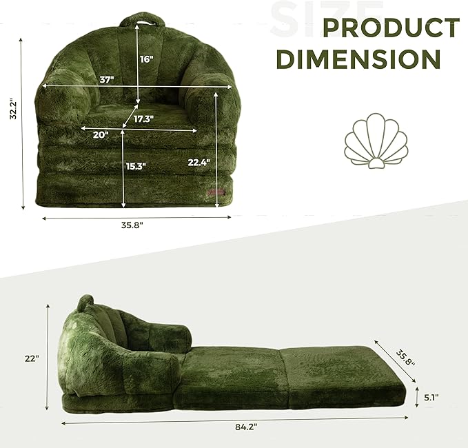 MAXYOYO Folding Sofa Bed, 2 in 1 Convertible Sofa to Lounger Comfy Single Bean Bag Chair for Adults, Floor Sleeper Couch with Handle, Faux Fur Couch Bed for Living Room Bedroom, Green
