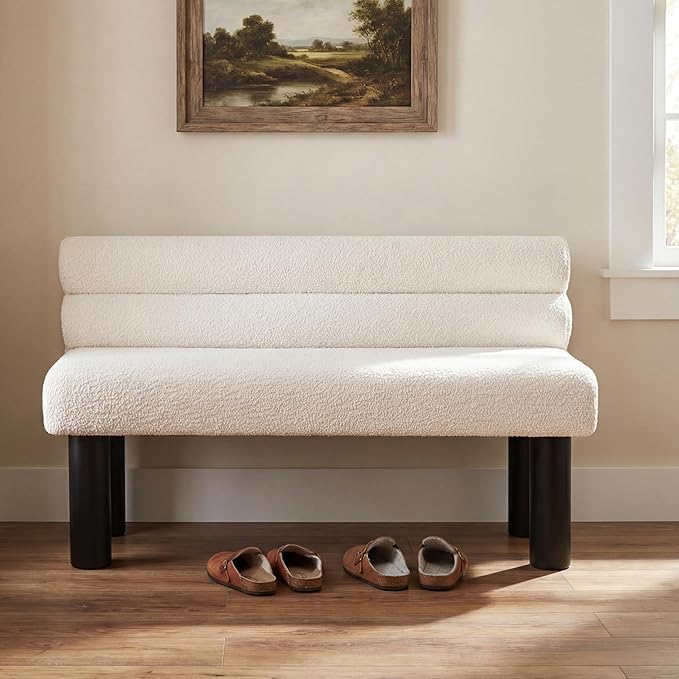 GDFStudio Upholstered Boucle Dining Bench with Backrest Farmhouse Entryway Bench with Rubber Wood Legs Long Indoor Bench for Bedroom Living Room End of Bed Dining Room Seating, Beige