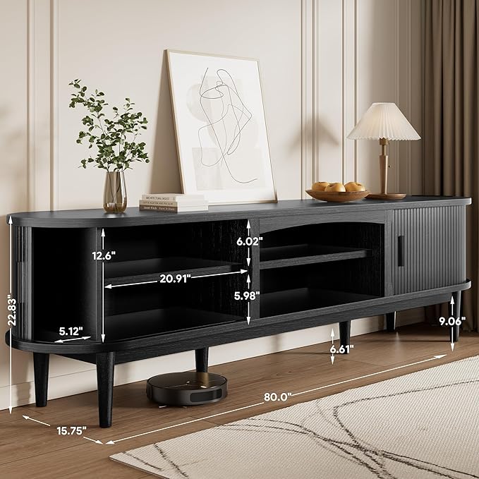 Decofy Mid Century TV Stand for TVs up to 90 Inches, Entertainment Center with Storage, Power Outlet, Fluted Sliding Doors & Adjustable Shelves, Modern Media TV Console Table for Living Room (Black)