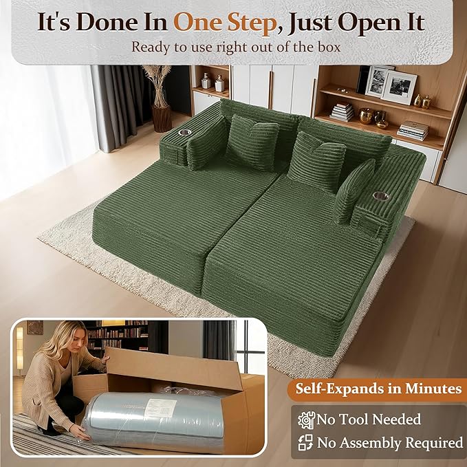 72" Cloud Sectional Couch, Comfort Sleep Sofa for Living Room, Extra Deep Seats No Assembly, Minimalist Modular Couch, Corduroy (Olive Green, Loveseat Chaise)