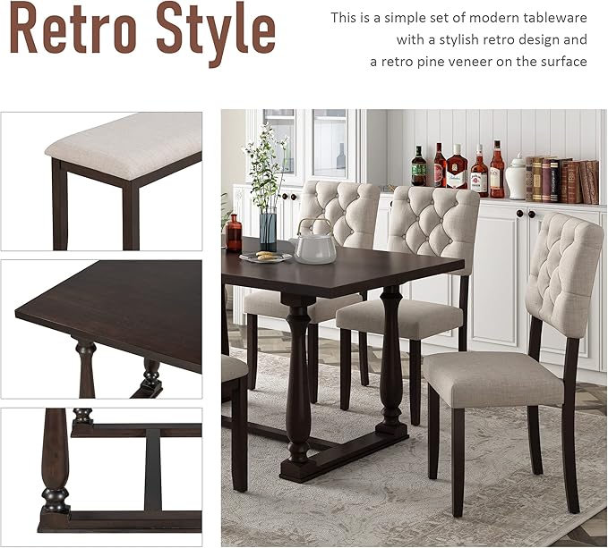 Harper & Bright Designs 6-Piece Dining Table and Chair Set with Special-Shaped Legs and Foam-Covered Seat Backs&Cushions for Dining Room (Espresso)