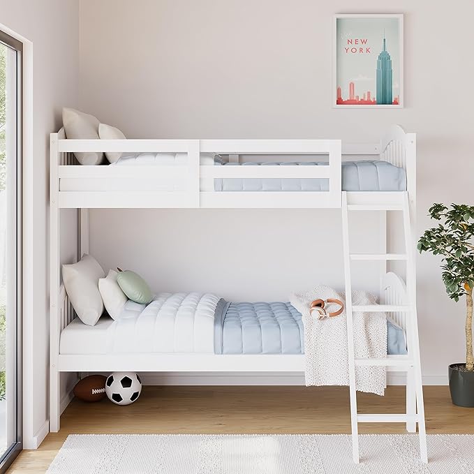 Storkcraft Long Horn Twin-Over-Twin Bunk Bed (White) - GREENGUARD Gold Certified, Converts to Two Twin Beds, Wood Bunk Bed for Kids Bedroom