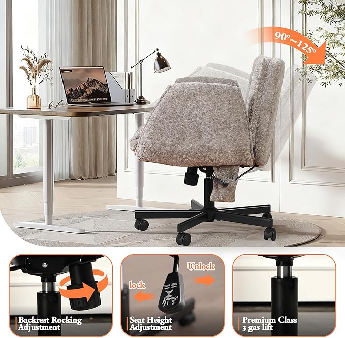 Criss Cross Chair with Lumbar Airbag & Folding Arms Relieve Back Pain, Wide Cross Legged Office Chair for Home Office, Comfy Swivel Desk Chair with Wheels, 5 Level Adjustable Armrest, Chenille(Grey)