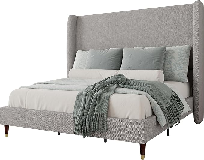 Jocisland King Size Bed Frame 51.2" Wingback Headboard Linen Upholstered Platform Bed,Solid Wood Legs & Wooden Slats,No Box Spring Needed,Noise-Free,for Family Master Suite Cozy Home,Light Grey