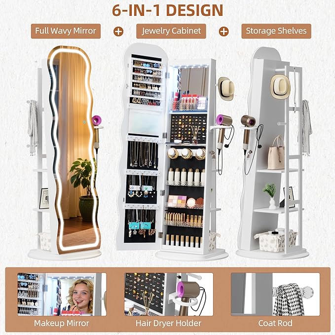 Vlsrka LED Mirror Jewelry Cabinet Standing, 360° Swivel Jewelry Aromire Organizer with Wavy Mirror, Lockable Jewelry Mirror with Storage, Jewelry Cabinet, Interior Mirror, Foldable Shelf (LED White)