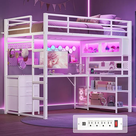ADORNEVE Gaming Loft Bed Twin Size with L-Shaped Desk, Storage Drawers & RGB Arcylic Hutch, Expanded Safety Power Outlet, Metal LED Loft Bed Frame with Wide Ladder, for Teen Girls, White