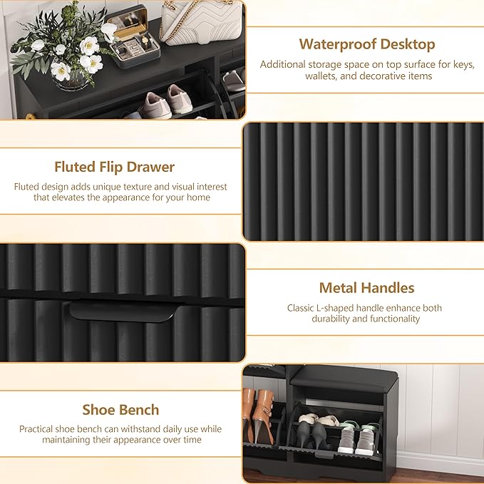 HUANLEGO Shoe Cabinet Storage for Entryway with 4 Flip Drawers, Black Fluted Shoe Cabinet with Bench, Wooden Hidden Shoe Rack Freestanding Narrow Slim Shoes Storage Organizer for Hallway, Entrance