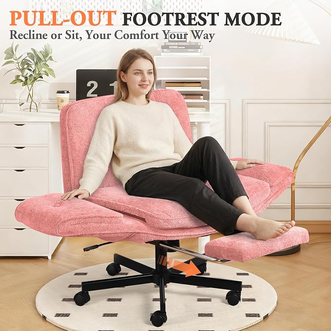 Criss Cross Chair with Footrest & 5 Level Folding Arms Full Relaxation, Wide Cross Legged Office Chair for Home Office, Comfy Swivel Desk Chair with Ottoman, Chenille Vanity Chair (Pink)