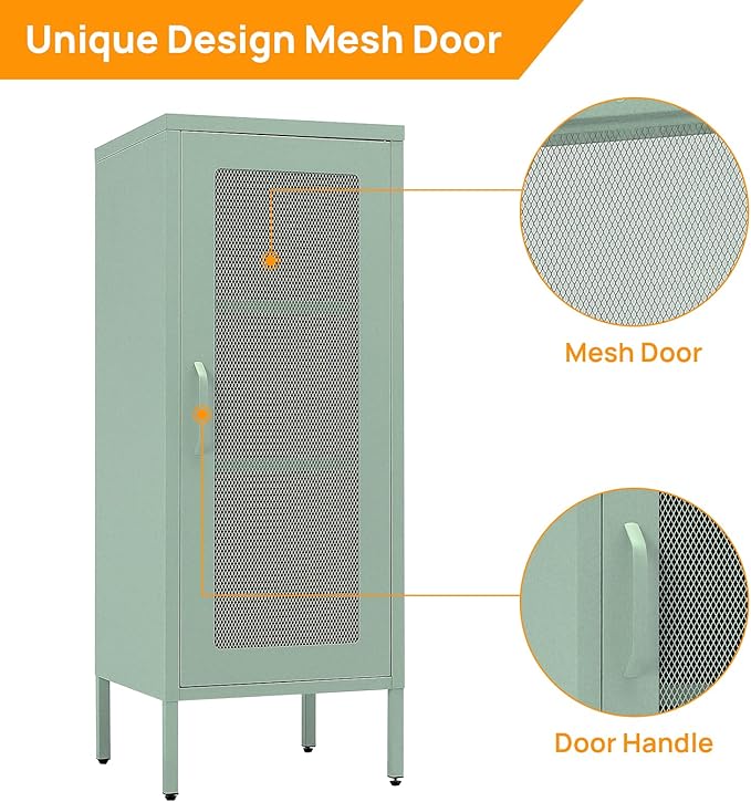 Slim Metal Storage Cabinet with Mesh Doors - 42'' Tall Narrow Organizer Tower, Compact Freestanding Cabinet, Versatile Utility Storage for Home, Office, Kitchen, Living Room, Durable and Modern Design