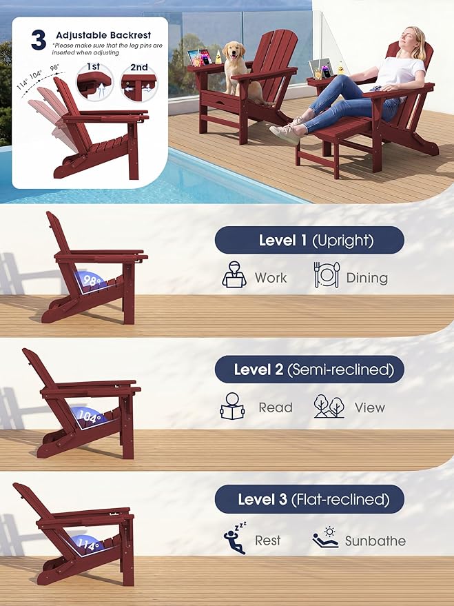 KINGYES Adjustable Folding Adirondack Chair with Footrest & 4-in-1 Multi-Functional Armrest Organizer, HDPE Foldable Recliner Adirondack Chair with Pull-Out Ottoman, Red