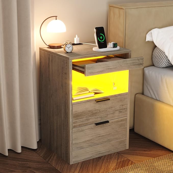 Gadroad LED Nightstand with Charging Station, Bedside Table with USB Ports & Power Outlets, Modern Night Stand with Drawers for Bedroom Small Spaces, Grey