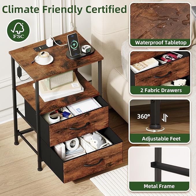 Somdot Nightstands Set of 2,End Tables with Charging Station and LED Lights,Night Stand with 2 Fabric Drawers, Bedside Table for Dorm Guest Room Bedside Kids Entryway Hallway, Wood Grain Print